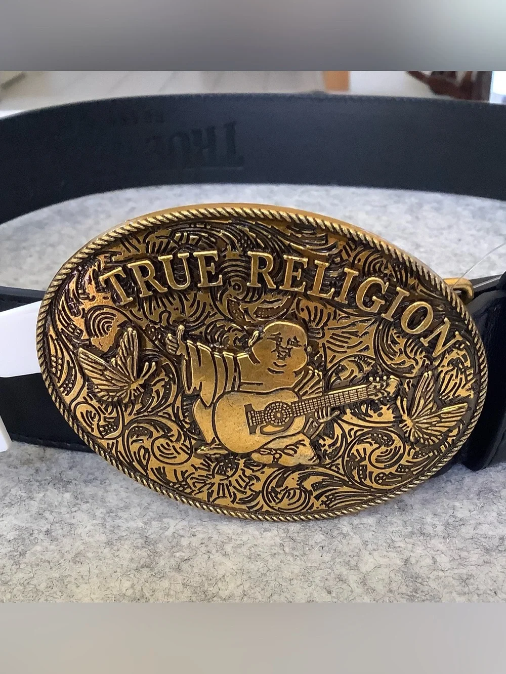 True Religion Black Leather Belt Bold Buddha Buckle L/XL NWT